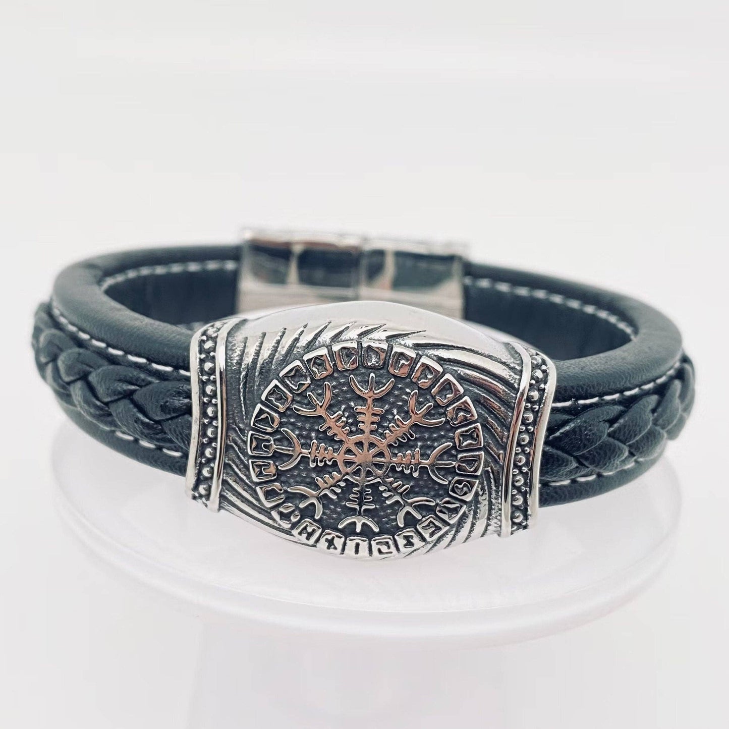 Viking amband leer en stainless steel Vegvisir