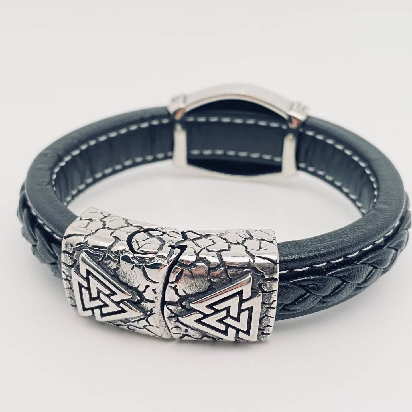 Viking amband leer en stainless steel Valknut